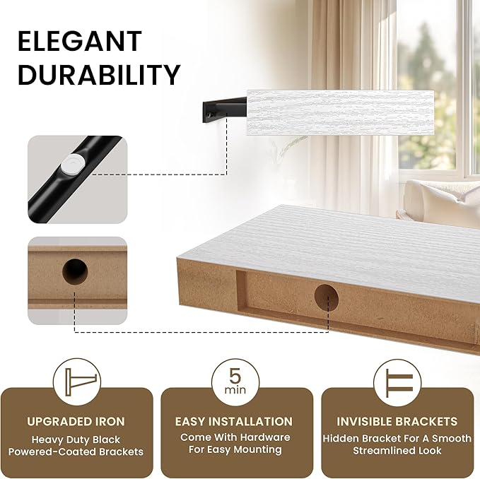 Floating Shelves for Wall, 24" W x 6.7" D x 1.5" H, Wooden Wall Mounted Display Shelves with Invisible Brackets for Living Room, Bedroom, Bathroom, Kitchen Decor and Storage, Set of 2, White