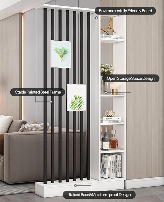 Wall Room Divider, Storage Cabinet Storage Display with Shelves, Modern Freestanding Wood Room Divider Screen, Wall Privacy Screens for Home Decorative (White+Black,31.5" L x 9.5" W x 79.5" H)