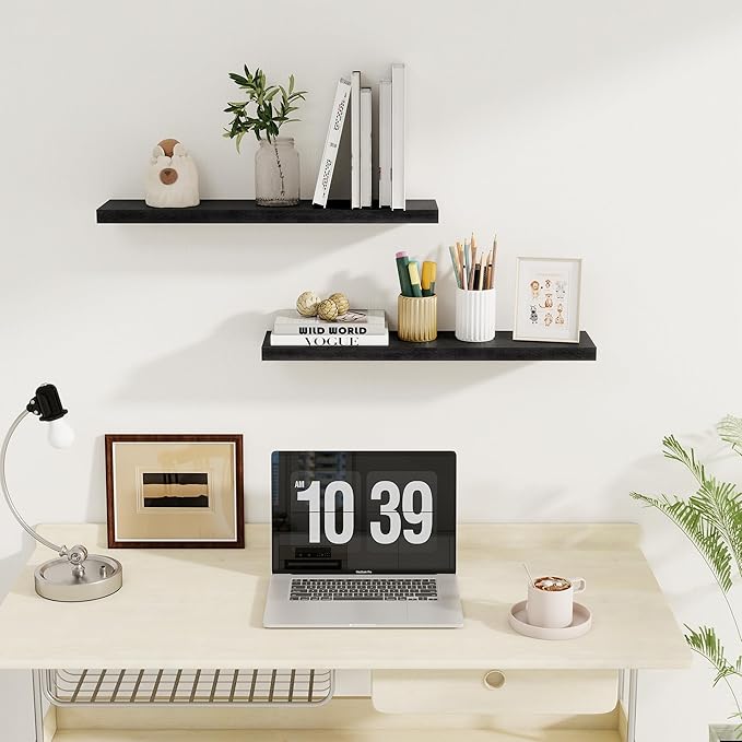 Fun Memories Floating Shelves for Wall, 27.5" Rustic Wood Deep Wall Mounted Shelves with Invisible Brackets for Decor & Storage, Floating Shelf for Living Room, Bathroom (Black, Set of 2)