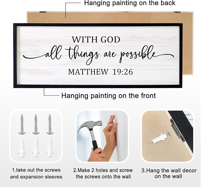With God All Things are Possible Framed Wall Art, 40''×15'' Positive Holy Religious Rustic Bible Verse for Christian God Jesus Christ Prayer, Vintage Horizontal Inspirational Catholic Scripture Decor