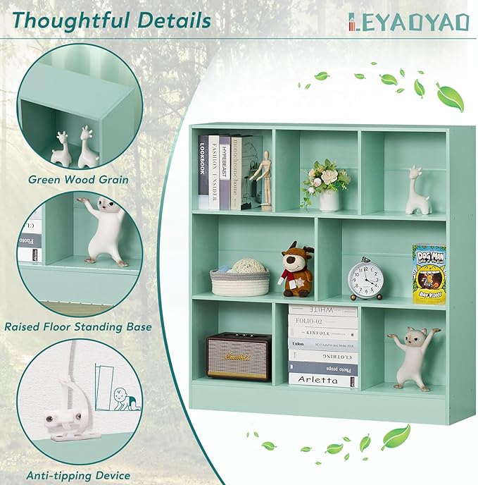 LEYAOYAO 8 Cube Bookshelf with Base,3 Tier Modern Mint-Green Kids Bookcase,Standing Wide Bookshelves Storage Organizer Toy Shelf,Wood Display Children's Book Shelves for Bedroom,Living Room,Nursery