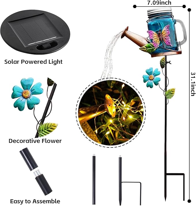 Solar Watering Can Light, Yard Outdoor Decor Lights, IP65 Waterproof, Hanging Butterfly Garden Light, Outside Garden Flower Bed Decor, Women Gift, Birthday Gifts