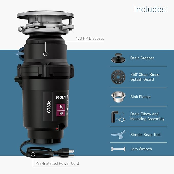 Moen GT33C Lite Series 1/3 Horsepower Continous Feed Garbage Disposal featuring Fast Track Technology, Power Cord Included