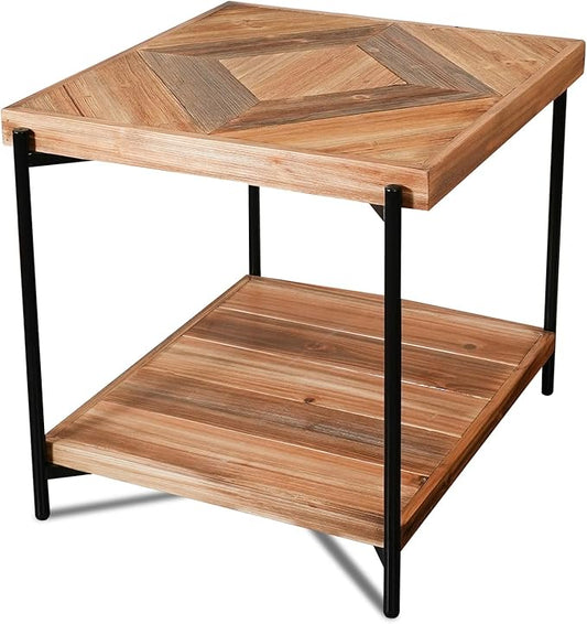 CONSDAN StoneCreek Solid Fir Wood Side Table - Metal Frame, 2-Tier End Table for Living Room/Bedroom/Office, 23" Square Night Stand, Accent Table