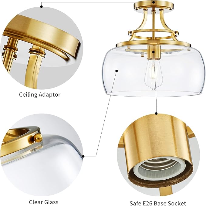 WUZUPS Chandelier Rustic Farmhouse Industrial Round Semi-flushmount Ceiling LED Light Fixture with Clear Glass Shades for Bathroom Kitchen Foyer Entryway, H 11.8" x W 13.4", E26 Base, Brushed Gold