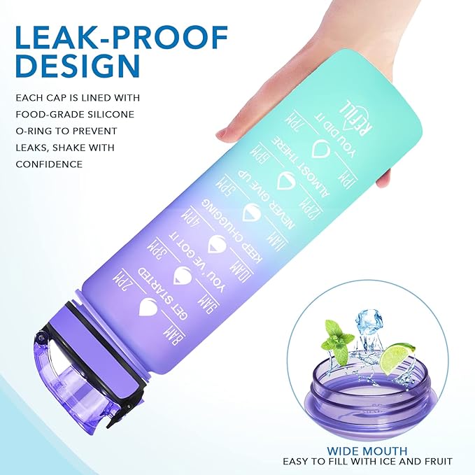 Enerbone Water Bottle, Leakproof BPA & Toxic Free, Motivational Water Bottle with Times to Drink and Straw, Fitness Sports Water Bottle with Strap for Office, Gym, Outdoor Sports
