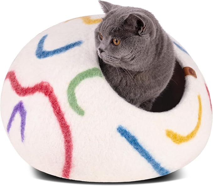 MEOWFIA Cat Cave – Premium Felt Cat Bed for Indoor Cats, Handmade 100% Merino Wool (Large, Ivory Rainbow)