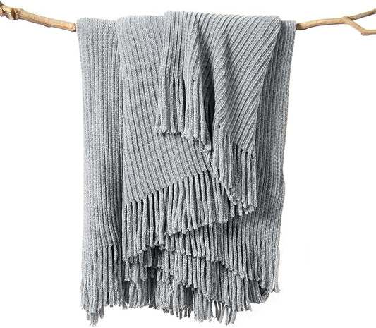 lifein Throw Blanket for Couch, Soft Boho Decor Bed Throw,Cozy Grey Knitted Chenille Small Farmhouse Lightweight Throw for Spring(Light Grey,50 * 60")