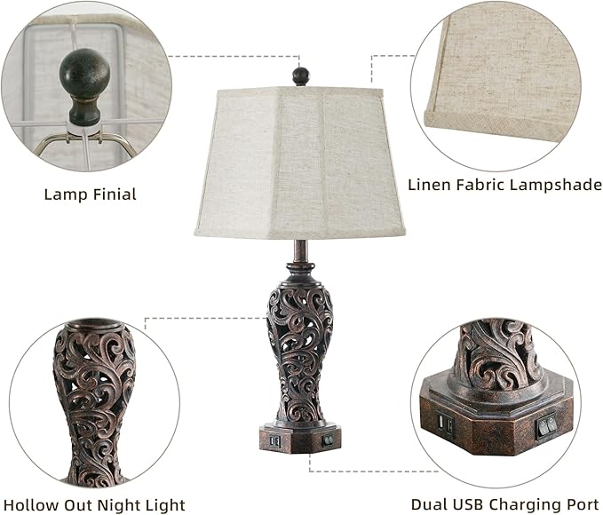 Set of 2 Farmhouse Table Lamps for Living Room, Rustic Vintage Nightstand Lamp with 2 USB Port, Bronze Resin Lamps for Bedroom End Table with Hollow Out Nightlight, 2 Bulbs Included