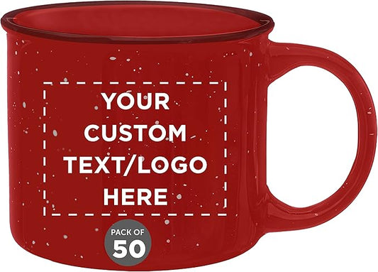 DISCOUNT PROMOS Custom Ceramic Campfire Coffee Mugs 13 oz. Set of 50, Personalized Bulk Pack - Perfect for Tea, Espresso, Cappuccino, Hot Cocoa - Red