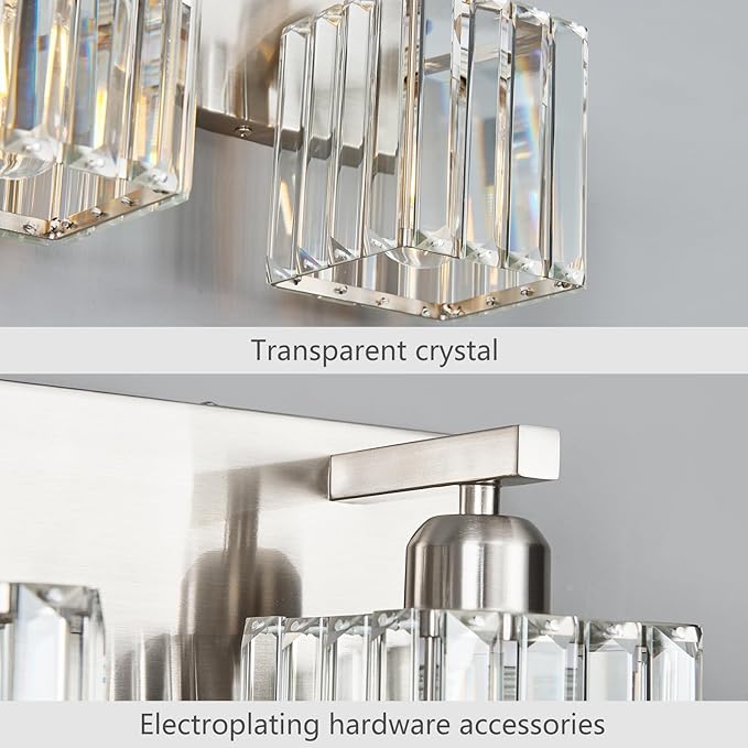 Modern Vanity Light 2-Lights Brushed Nickel Vanity Light Crystal Bathroom Wall Light Bathroom Light Fixtures