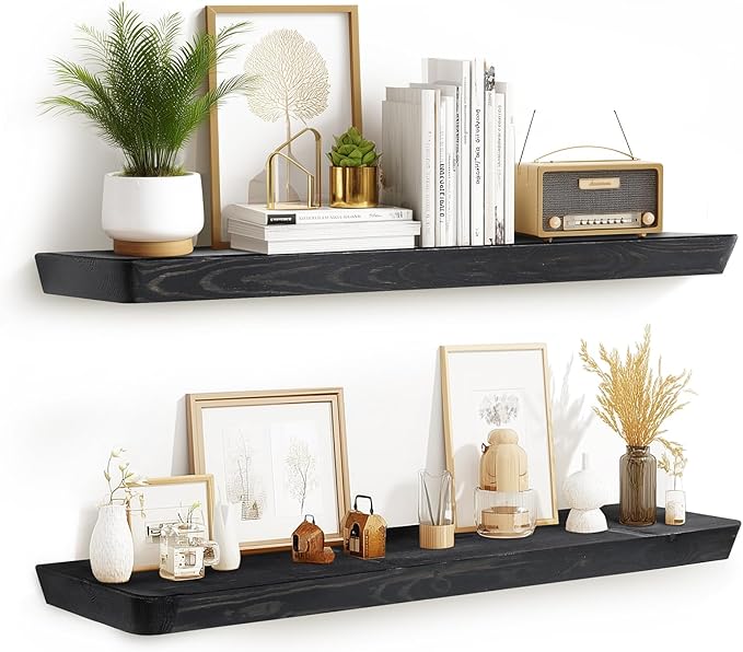 36"x6.8"x1.6" Slanted Floating Wall Shelves 2-Pack - Rustic Black Finish, Heavy-Duty Solid Wood Design with Hidden Brackets - Perfect for Living Room, Kitchen, Bathroom, or Office