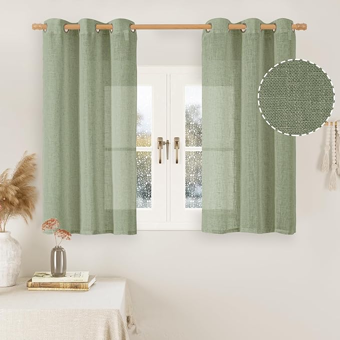 LAMIT Short Linen Curtains 40 inches Long for Small Window, Bronze Grommet Linen Drapes Light Filtering Sheer Window Curtains for Kitchen/Cafe, 2 Panels (34 x 40 Inch, Sage Green)