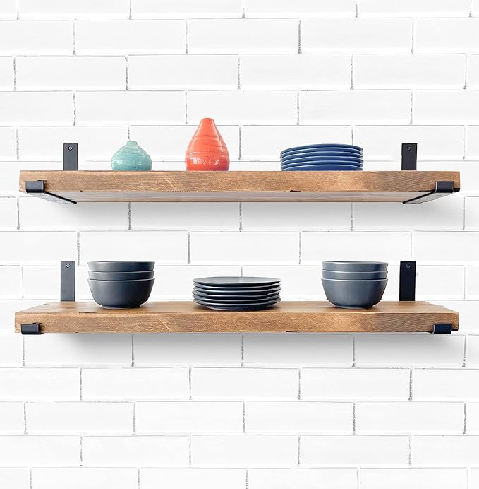 Rustic Shelves with J-Brackets Set of 2, Industrial Shelf, Kitchen Shelves, Solid Wood, Decorative Wall Storage, Heavy Duty, URBANDI (Brown, 48Wx8D)