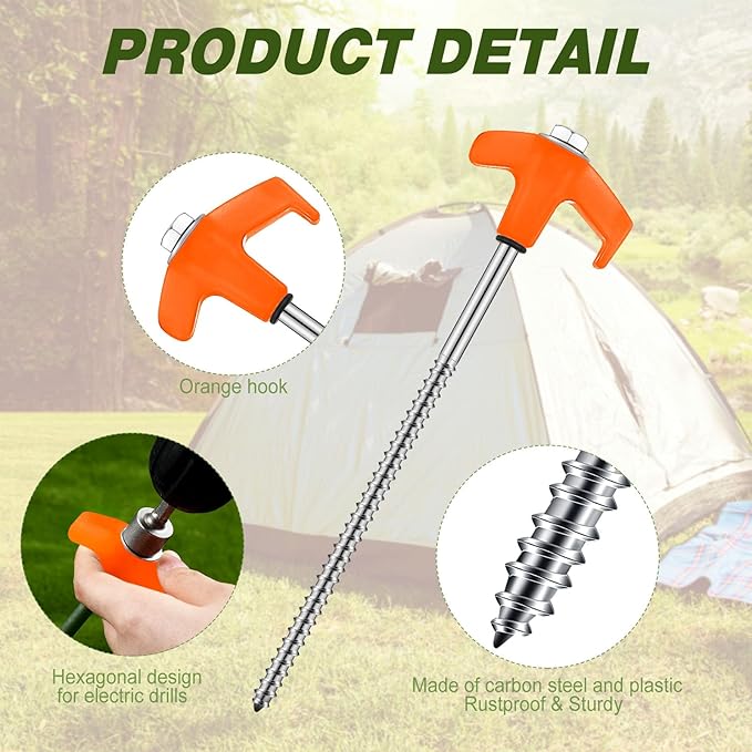 Hicarer 10 Pcs 20 Pcs 8'' Screw in Tent Stakes Heavy Duty Ground Metal Stakes for Inflatables with Hex Head Driver for Outdoor Camping Tent Inflatable Garden Decor (Orange)