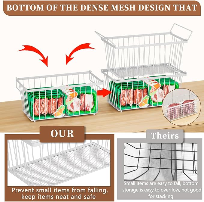 6 Pack Stackable Deep Freezer Organizer Bins ，Upgraded Bottom Leak-Proof net，Encryption and Hardening ， Freezer Organizer Bins for 5 to 9 Cu.FT Small Chest Freezer， Easy Get Bottom Foods