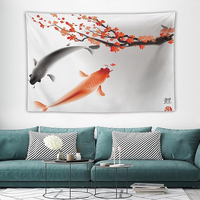Japanese Koi Fish Tapestry, Cherry Blossoms Asian Oriental Flower Branch Koi Fish Carp Tapestries Wall Hanging for Bedroom Living Room Office Decor 60"x40"