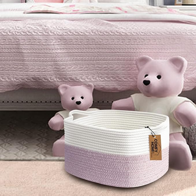 COMFY-HOMI Cotton Rope Woven Medium Basket with Handles for shelf，Cloth Storage Basket for Organizing-13.5X11X9.5 Storage Bin for Bedroom, Newborn or Infant Gift for boy girl （White/Pink）