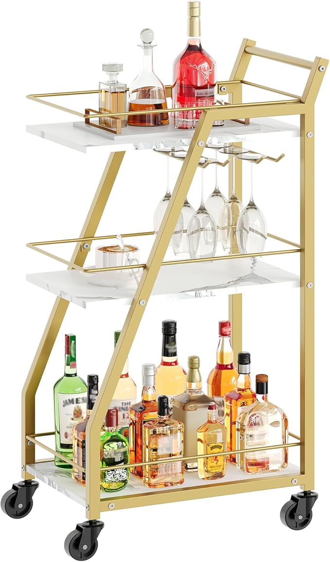 Bar Cart, Gold Bar Cart for The Home, Small Bar Cart on Wheels, Beverage Cart, Home Bar Serving Cart with Glass Holder, Drink Cart for Bar, Kitchen, Dining, Marble White and Gold BC03DW