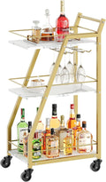 Bar Cart, Gold Bar Cart for The Home, Small Bar Cart on Wheels, Beverage Cart, Home Bar Serving Cart with Glass Holder, Drink Cart for Bar, Kitchen, Dining, Marble White and Gold BC03DW