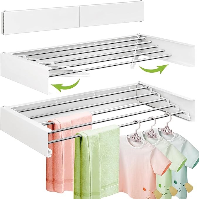 Wall Mounted Clothes Drying Rack 32 inches,Foldbale Laundry Drying Rack Wall Mount,Drying Rack Clothing Space Saver,Retractable,Collapsible,Folding Laundry Rack,White