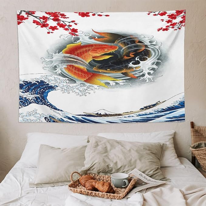 Houselerax Koi Fish Tapestry, Japanese Style Yin Yang Big Wave Cherry Blossoms Tapestries Wall Hanging for Bedroom Living Room Office Decor 90"x60"