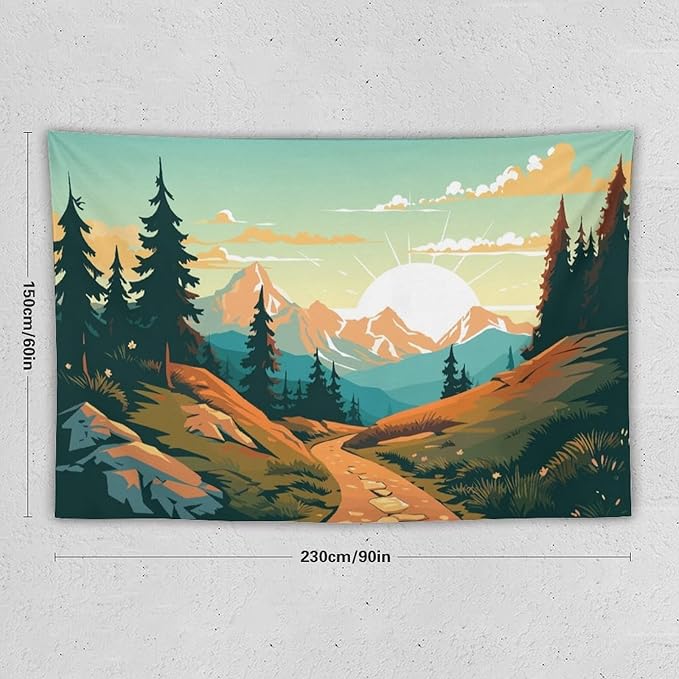 HZOHNAGO Mountain Tapestry Forest Mountain Sunrise Road Pattern Printed Wall Tapestry Wall Hanging for Bedroom Living Room Dorm 90" W x 60" H