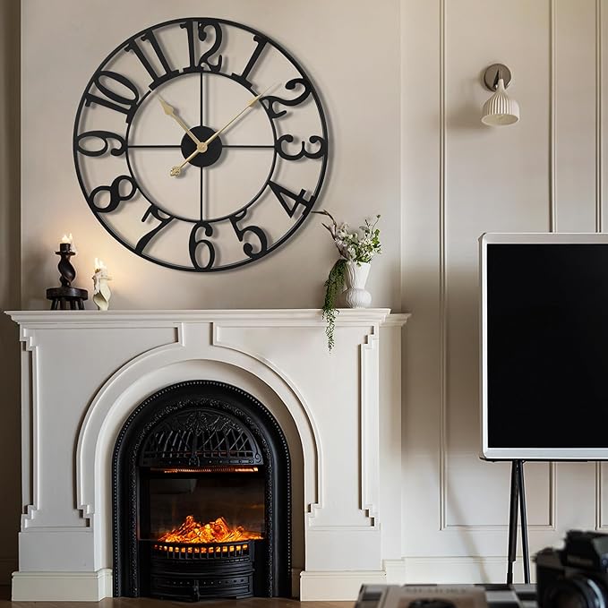 LEIKE Large Wall Clock, 18.5" Silent Non-Ticking, Battery Operated, Oversized, Decorative Retro Black Metal Clock for Living Room,Farmhouse, Dinner Room,Indoor, Outdoor(47cm, Black Arabic Number)