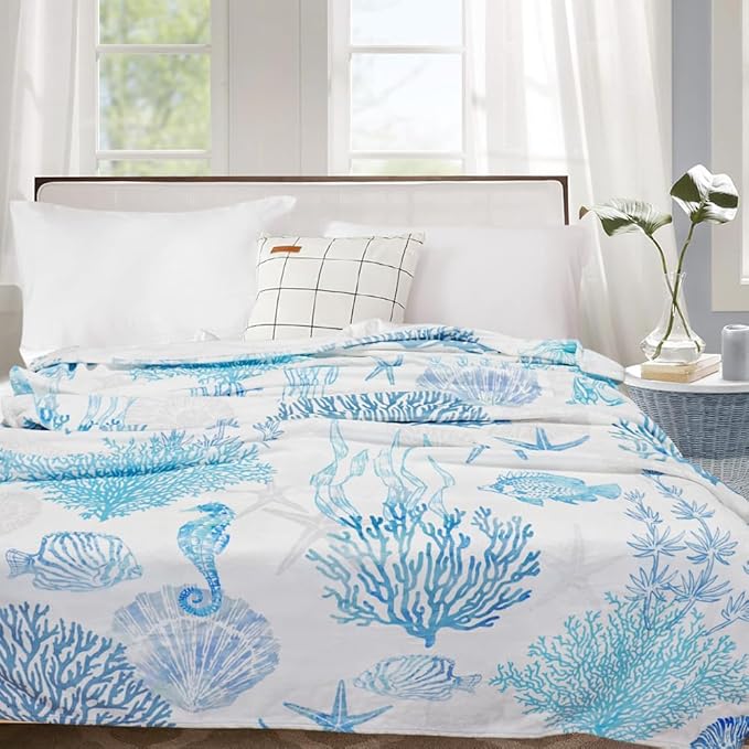 Blue Ocean Beach Throw Blanket Nautical Coastal Bed Blanket Starfish Seashell Coral Blankets Super Soft Flannel Fleece Throw Blanket for Couch Bed Decor “60 x80”