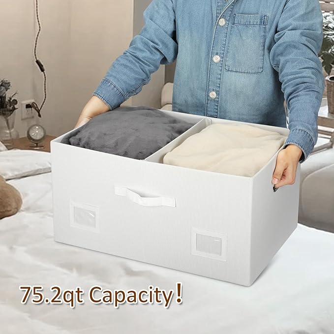 75 Quarts Extra Large Decorative Storage Bins with Lids, 3 Packs White Collapsible Storage Bins with Lids, Stackable Storage Bins Decorative Box Storage With Lid Extra Large