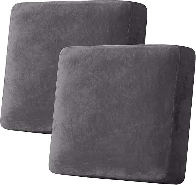 H.VERSAILTEX Velvet Stretch Couch Cushion Cover Plush Cushion Slipcover for Chair Loveseat Sofa Cushion Furniture Protector Seat Cushion Sofa Cover (2 Piece Large Sofa Cushion Covers, Grey)