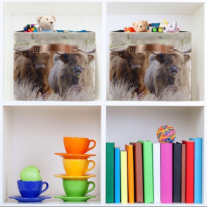 Highland Cows Storage Basket Cube Storage Bins Organizer Bag Collapsible Closet Shelf Baskets with handle for Baby Cloth Pet Toy Book 14.2×10.2×8.3 IN