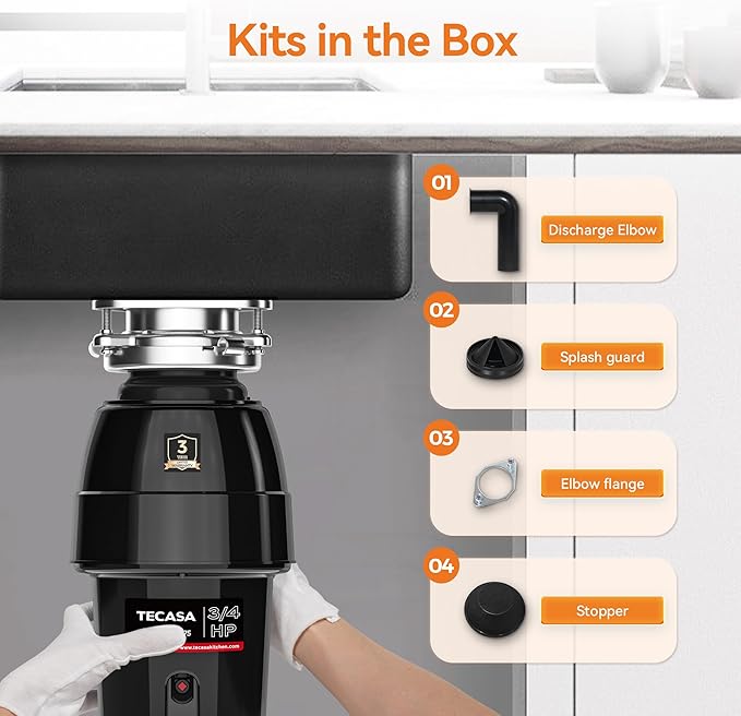 3/4 HP Garbage Disposal, TECASA Food Garbage Disposal with Power Cord, Stainless Steel Grinding System and 3-Bolt Mounting, Continuous Feed Garbage Disposals, Quiet, Taskmaid Series 75