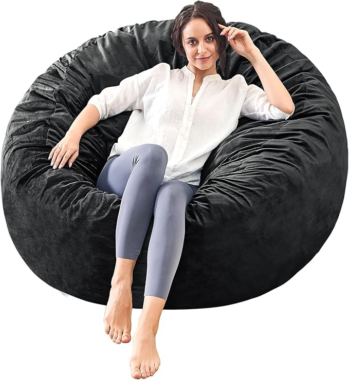 Bean Bag Chairs for Adults - Memory Foam Furniture BeanBag Chair - Kids/Teens Sofa with Soft Micro Fiber Cover - Round Fluffy Couch for Living Room Bedroom College Dorm - 4 ft, Carbon Black