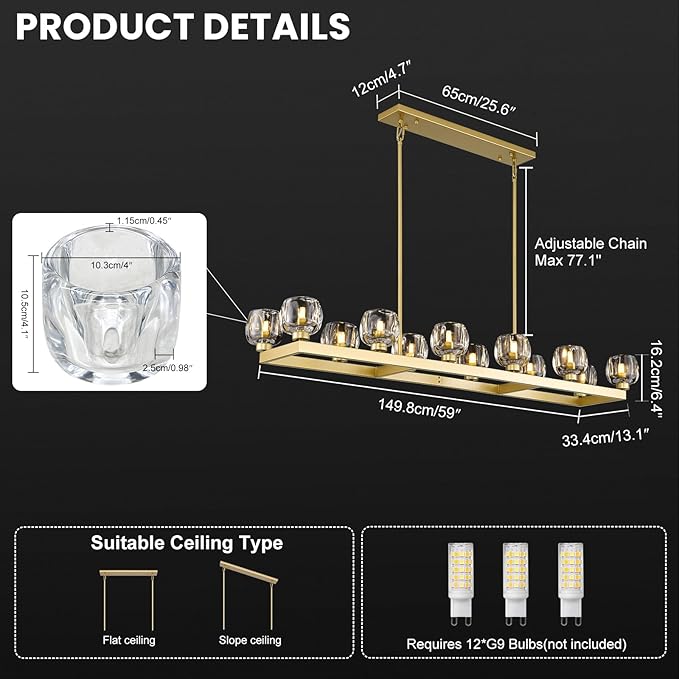 59 Inch Brass Rectangle Wagon Wheel Chandeliers, Gold Chandelier for Dining Room Over Table, Modern Crystal Long Chandelier, Farmhouse Large Linear Chandeliers for Kitchen Island