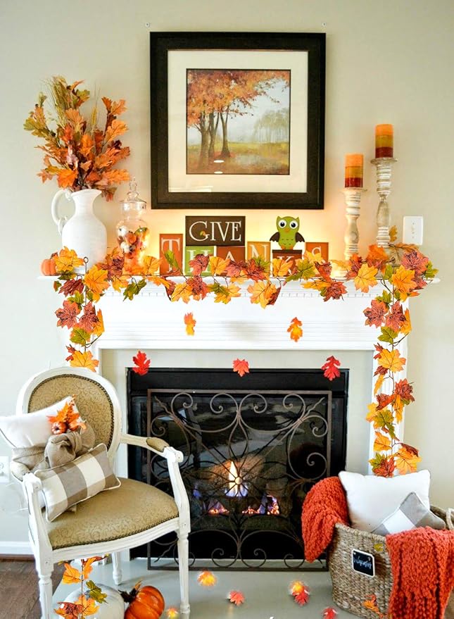 DearHouse 2 Pack Fall Garland Maple Leaf, 5.9Ft/Piece Hanging Vine Garland Artificial Autumn Foliage Garland Thanksgiving Decor for Home Wedding Fireplace Party Christmas (Green)