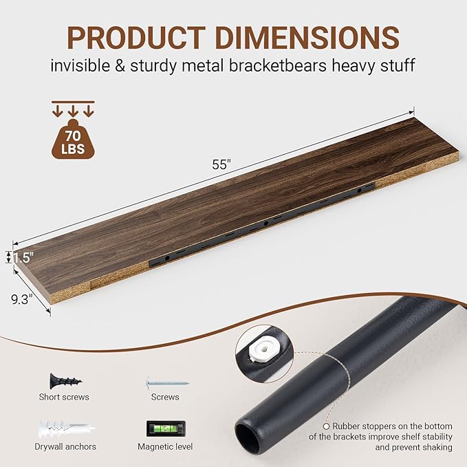 Heimlove 55 Inch Long Floating Shelves for Wall,9.3" Deep Walnut Floating Shelf Set of 2,Large Display Shelf & Storage Shelf,Wall Mounted Shelves for Bedroom Living Room Kitchen Office