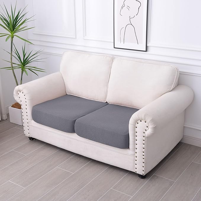 hyha Waterproof Couch Cushion Covers for Pets, Non Slip Sofa Seat Cover for Dogs Washable, Soft Thick Stretch Jacquard Fabric, Sofa Slipcovers with Elastic Bottom (2 Pieces, Middle Grey)