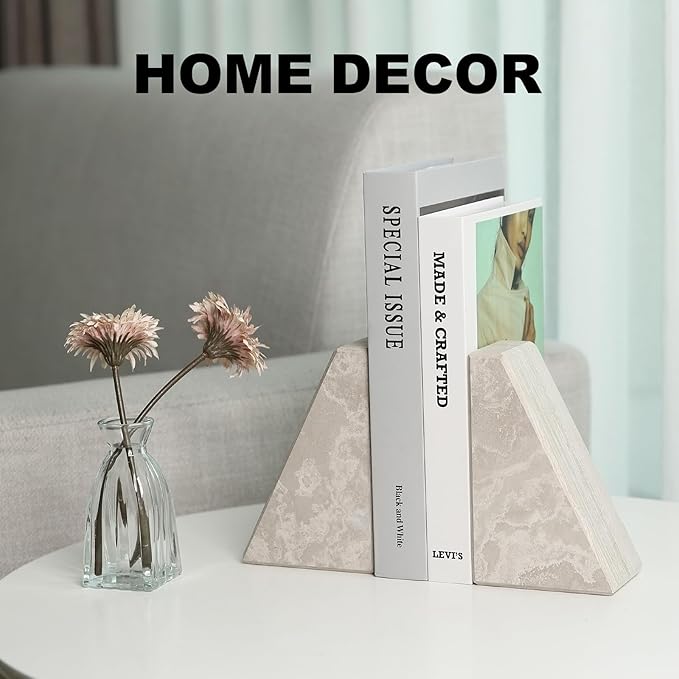 Marble Bookends for Heavy Books, Decorative Book Ends for Shelves, Durable and Heavy-Duty Bookends for Hardback Book & CDS, Off-White Unique Books Stopper & Holder, Set of 2