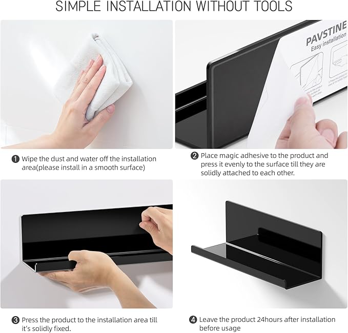 Acrylic Floating Shelves for Wall No Drilling, Self Adhesive Space-Saving Shelves, 12 Inch Floating Shelf Stick on Wall Shelf, for Bathroom, Kitchen, Bedroom, Office, Gaming Room, Black