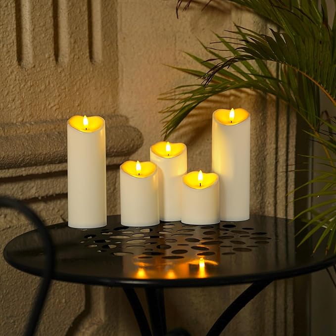 Homemory Outdoor Waterproof Flameless Candles, LED Candles, Battery Operated Candles with Remote and Timers, Electric Fake Plastic Pillar Candles, Ivory White, D3 H4 5" 6" 8" 8", Set of 5