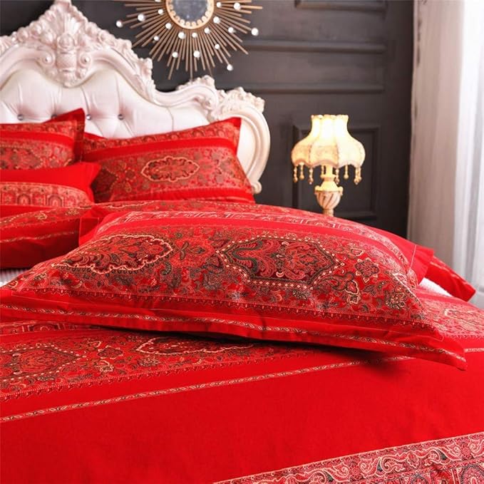 ABREEZE Full Duvet Covers, Bohemian Retro Bedding Set, Coloful Mandala Down Comforter Cover, Boho Floral Style Quilt Cover, 100% Brushed Cotton, 1 Duvet Cover and 2 Pillow Shams,Red