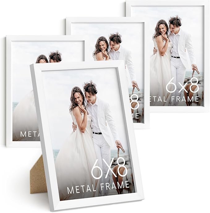 HAUS AND HUES 6x8 White Metal Picture Frames - Photo Frames 6x8 - Features Premium Aluminum, Vertical Hanging, Easel Back for Tabletop, Home, Office (6x8 in, White, Set of 4)