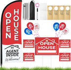 44 Pcs Open House Signs for Real Estate Agent Supplies, Double Sided Open House Flag with Poles Kit, 7.6 x 5.4 Ft Red Opening Sign Banner Set, 5 Pack Yard Signs with Metal Stakes 30 Balloons