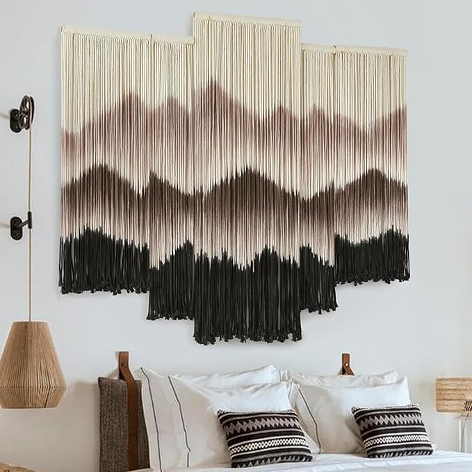 IOWER Large Macrame Wall Hanging Mountain Handmade Brown Dip-Dyed Boho Wall Decor 5Pcs Art Wall Decor for Bedroom Living Room Fiber Art Tapestry