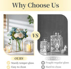 Glass Hurricane Candle Holder Large - Hewory 3pcs Gold Rectangle Flower Holders Centerpiece for Table, Tall Floor Square Pillar Candle Lantern for Wedding, Anniversary, Party, Fireplace, Dining Room