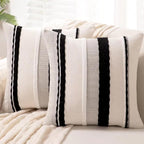 Boho Throw Pillow Covers 18x18 Set of 2 Farmhouse Decorative Cushion Case Striped Square Pillows Cover Chenille Pillow Cases Accent Neutral Pillowcase for Sofa Couch Bed,Black and White