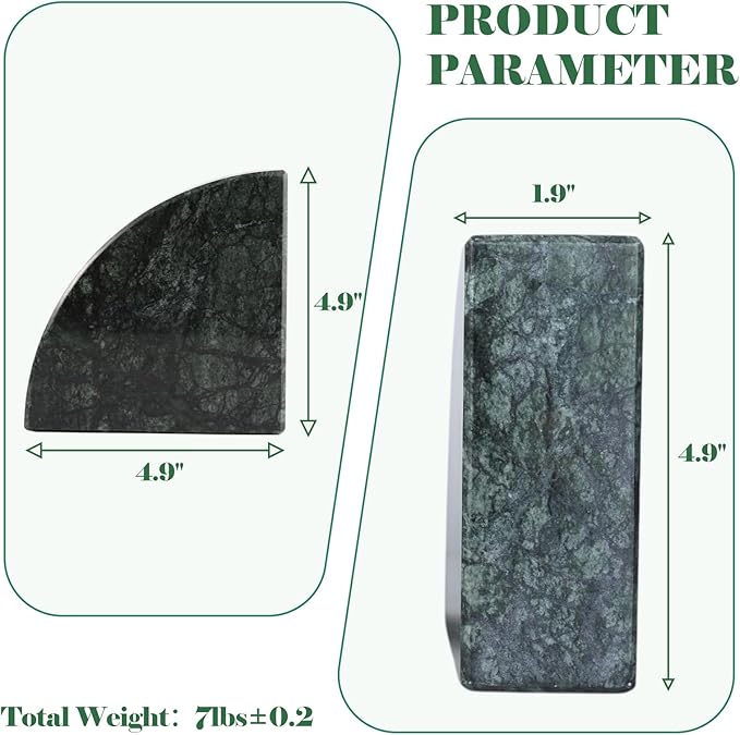 Marble Bookend for Shelves, Non-Skid Bookends for Heavy Books, Heavy Duty Book Stopper for CDs, Luxury Book Shelf Holder, Quarter Circle Design Book Ends Decorative, Indian Green, Set of 2