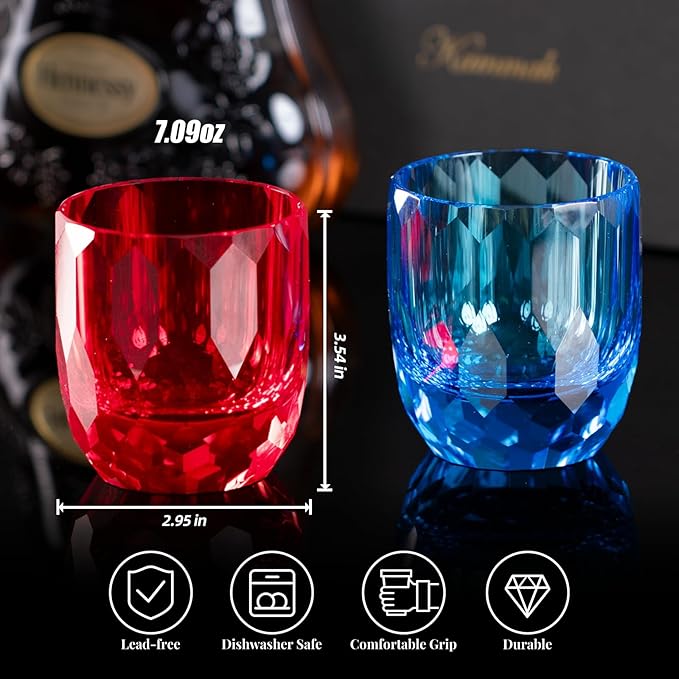KAMMAK Crystal Whiskey Glasses Set of 2, 7oz Old Fashioned Glasses Stemless, Hand Blown Colored Cocktail Glasses, Engagement Gifts for Couples, Women, Men