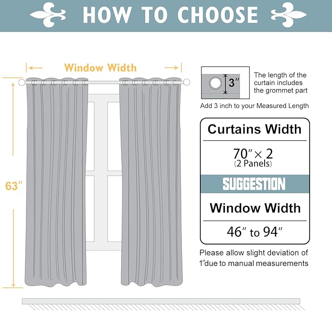 ChrisDowa Blackout Curtains 70 inches Wide for Bedroom - 2 Panels Set Extra Wide Grommet Thermal Insulated Room Darkening Curtains for Living Room (Grey, 70 x 63 Inch)